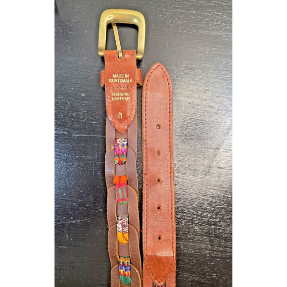 Handmade Accessories - Vintage Guatemalan Leather & Handwoven Womens Belt 35" Med Colorful Gold Accents